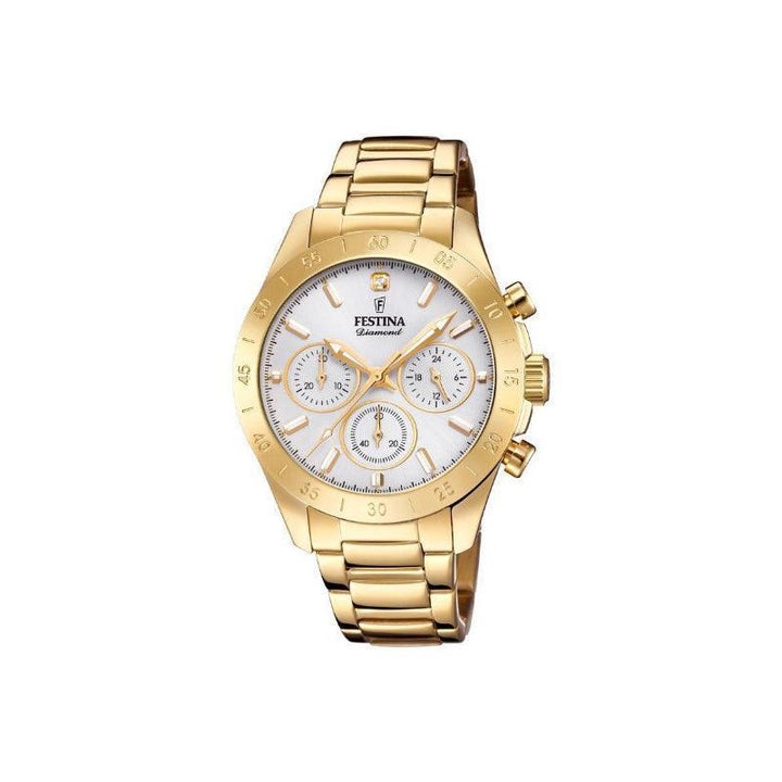 Festina Women's watch Diamond Chrono 204001 is shown in glossy gold color with white dial and chronograph. Model 204001-1.