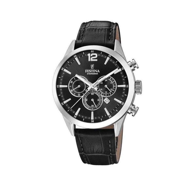 Festina men's chronograph watch, black dial, silver details and black leather strap. Model 205425-1.