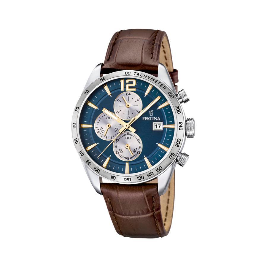 Festina Men's watch Chronograph F167607 with blue dial, three subdials and brown leather strap. Model F167607-1