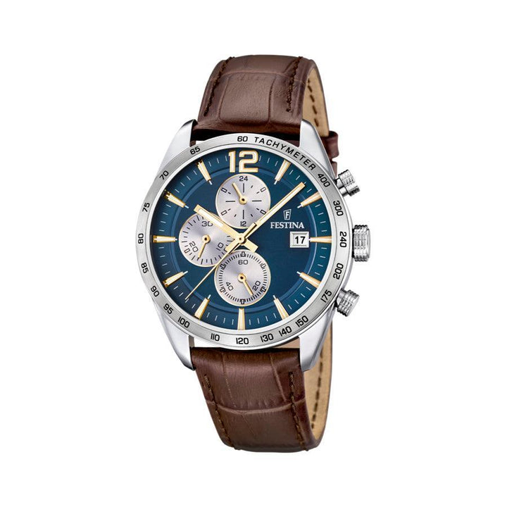 Festina Men's watch Chronograph F167607 with blue dial, three subdials and brown leather strap. Model F167607-1
