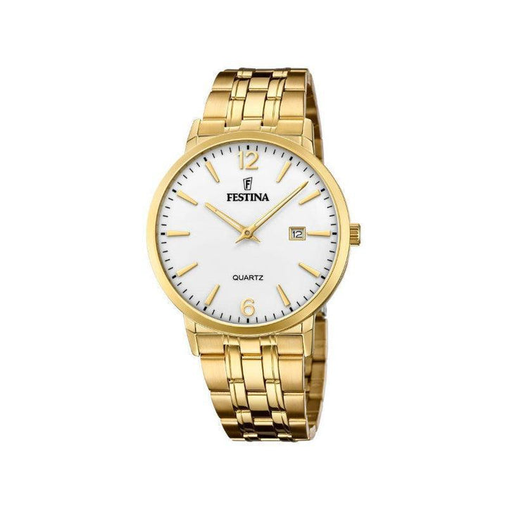 Festina men's watch Classic with white dial, gold-toned steel strap and date display. Model 205132-1.