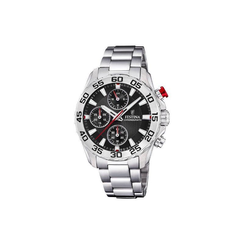 Festina Junior watch with black chronographic dial, silver steel chain and red details. Model 204573