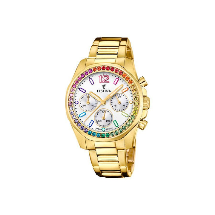 Festina Rainbow Women's watch with golden case, multicolored stones and white dial. Model F206092-1.