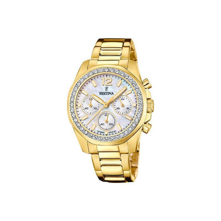 Festina Rainbow Women's Watch shows an elegant gold-colored wristwatch with a steel strap and colored details. Model F206091