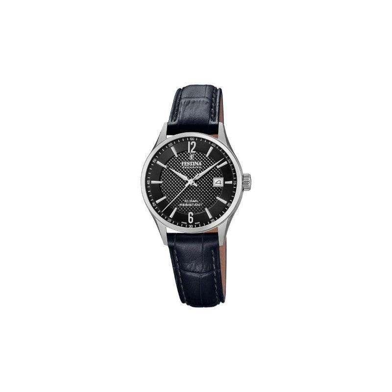 Festina Swiss Made Women's watch with black leather strap and black dial with date display, Model 200094-1.