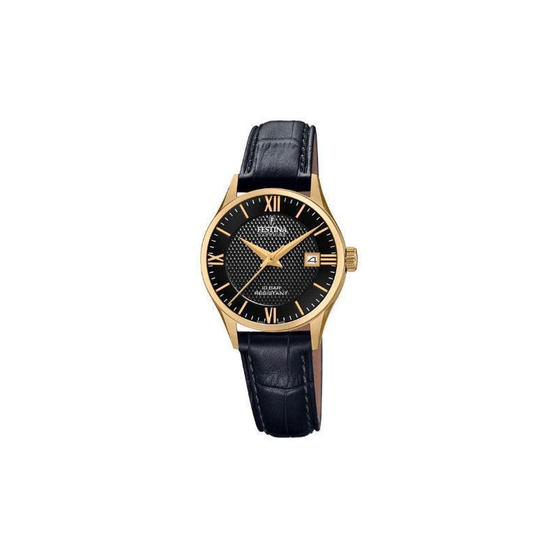 Festina Swiss Made women's watch with black leather strap, golden case and black dial. Model 200114-1.