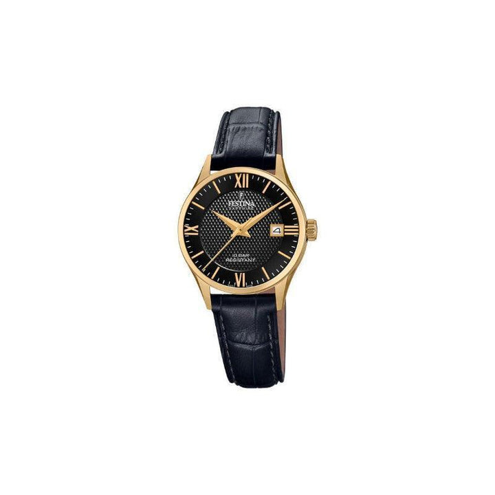 Festina Swiss Made women's watch with black leather strap, golden case and black dial. Model 200114-1.
