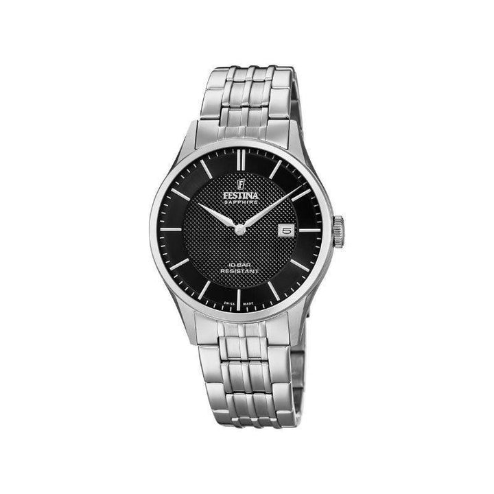Festina Swiss Made Men's watch with black dial, detailed pattern and steel chain. Model 200054-1.