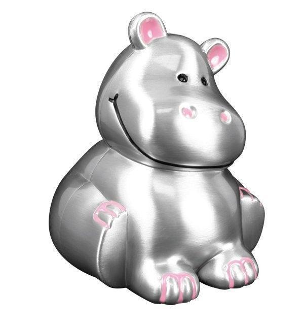Hippo piggy bank with pink ears, silver metallic finish, model 152-76204-1.