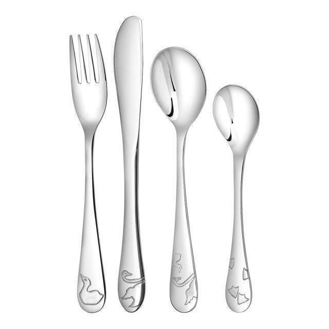 hc-andersen-cutlery-the ugly duckling 4-piece children's cutlery in shiny steel with fairy tale motif. Model 252-7000-1