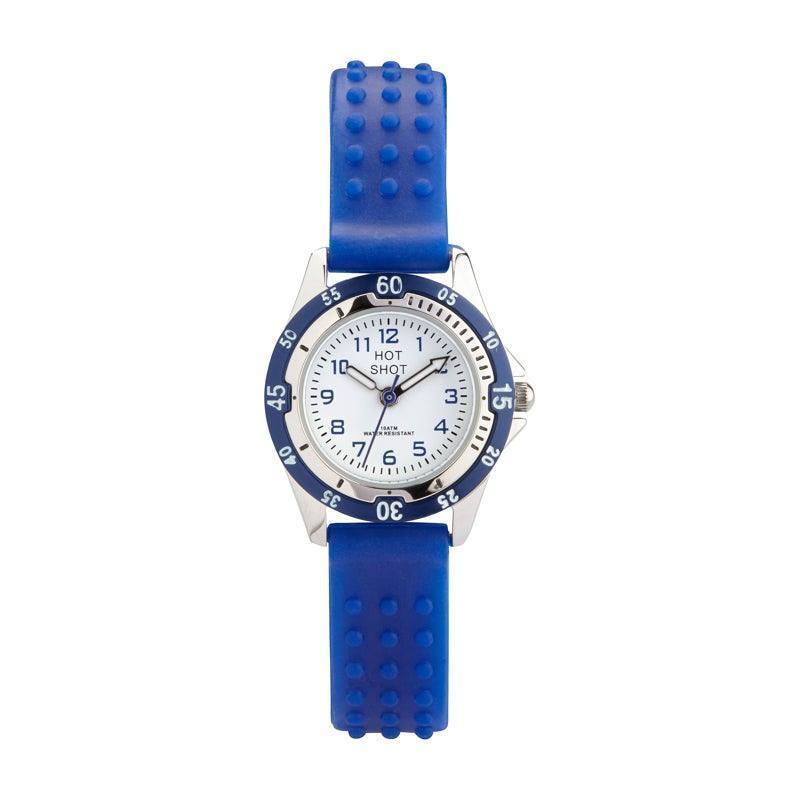 Hot Shot Borneur blue strap and crown shows a children's watch with blue silicone strap and round dial. Model2684s3-1.