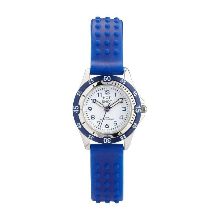 Hot Shot Borneur blue strap and crown shows a children's watch with blue silicone strap and round dial. Model2684s3-1.