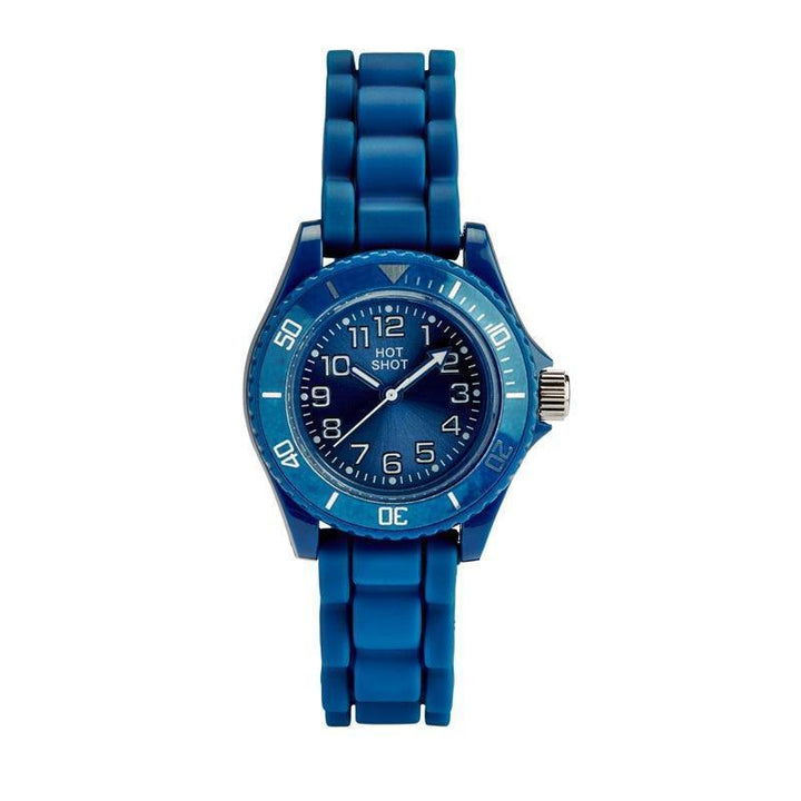 HOT SHOT Borneur blue dial shows a children's watch in blue plastic with clear numbers and silicone strap. Model 10473-1