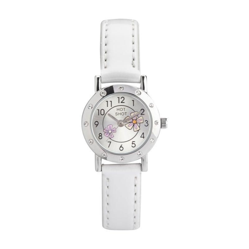 Hot Shot Borneur white leather strap, analog ladies' watch with colorful flowers on the dial, Model 11761-1.