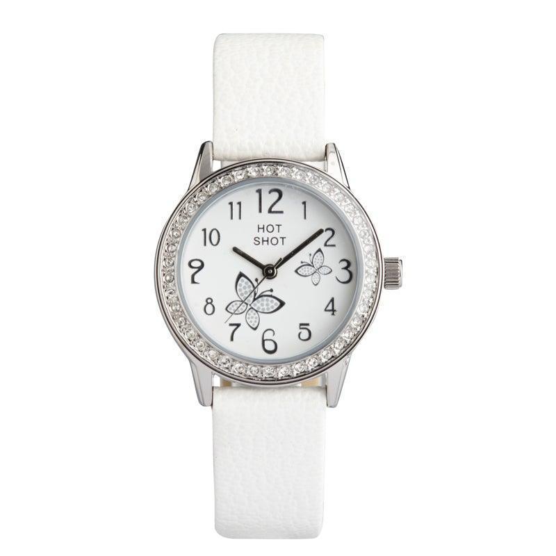 Hot Shot Borneur white dial with butterflies, white strap and crystal rim. Model 18781-1