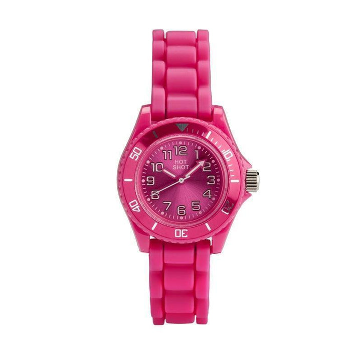 Hot Shot Borneur Pink watch with round pink dial, distinctive white numbers and silicone strap. Model 10475-1.