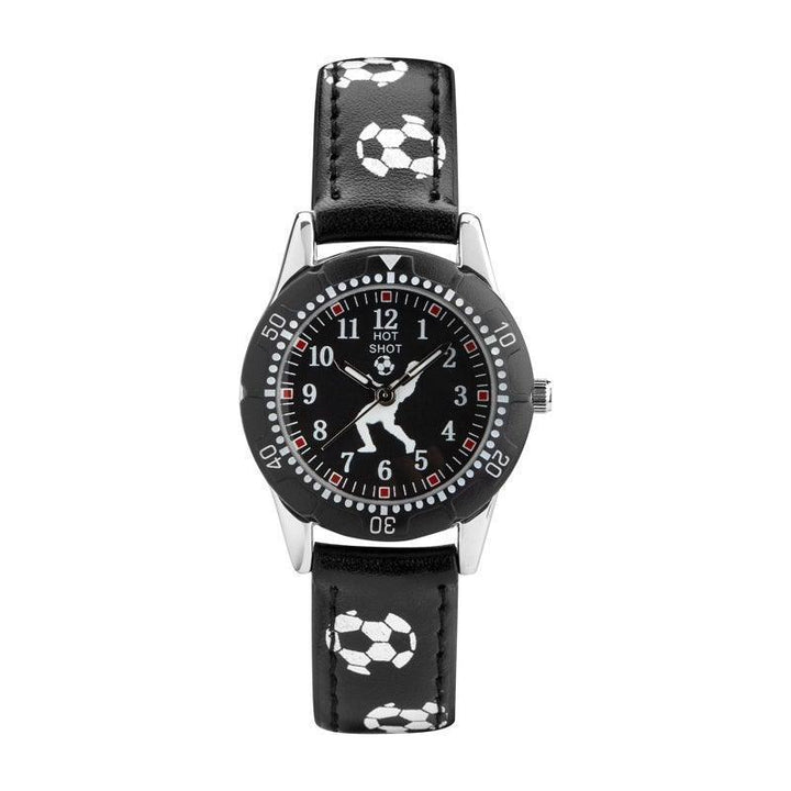 Hot Shot Borneur black dial and football details with black leather strap and white footballs. Model 11791-1.