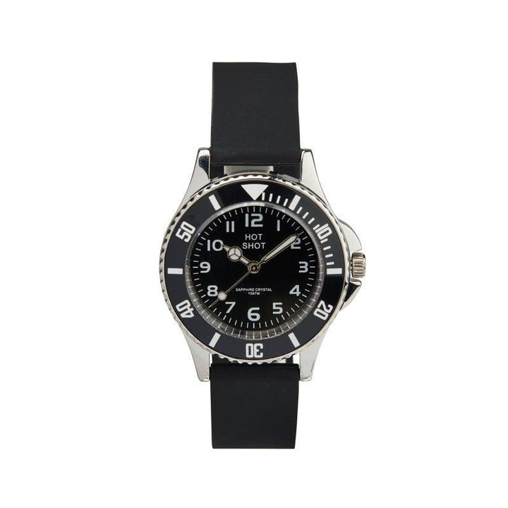 Hot Shot Borneur black dial and strap, classic children's watch in black with silver details, Model 25471-1