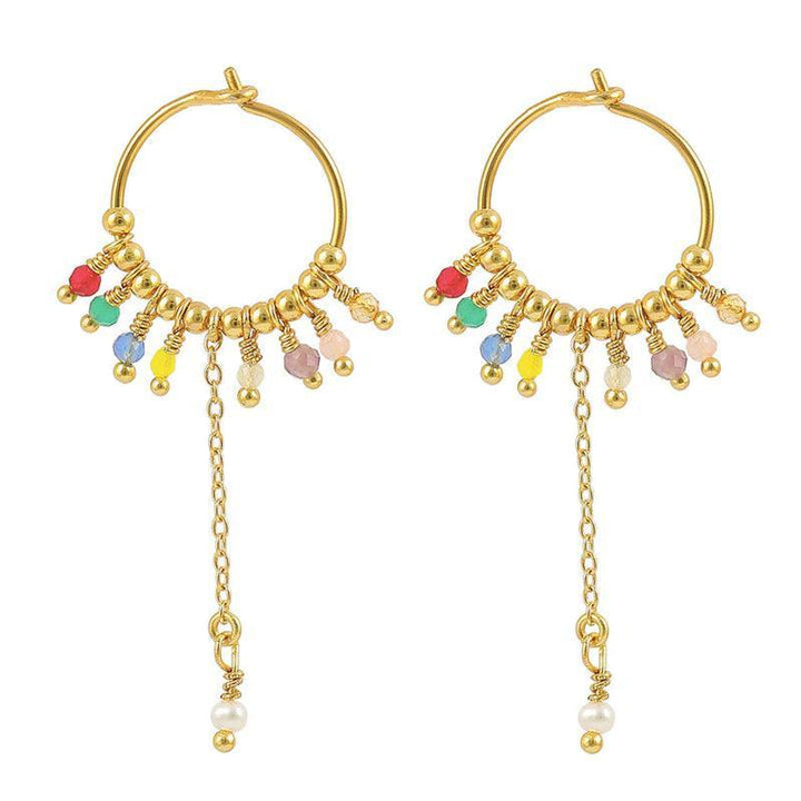 Hultquist Copenhagen Milo earrings with gold finish, colored pearls and long chain. Model S08160G-S08160G-1