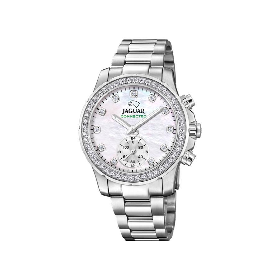 Jaguar Connected Women's watch with white mother-of-pearl dial, silver steel chain and stones around the dial. Model J9801-J9801-1