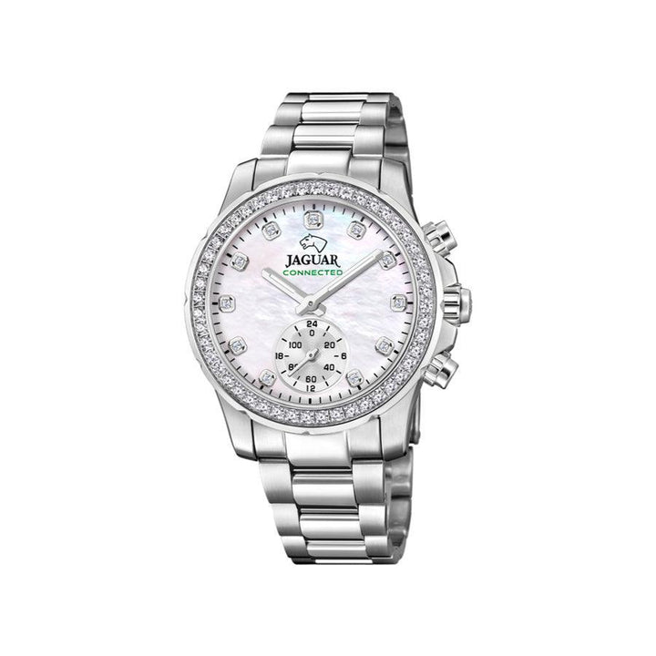 Jaguar Connected Women's watch with white mother-of-pearl dial, silver steel chain and stones around the dial. Model J9801-J9801-1