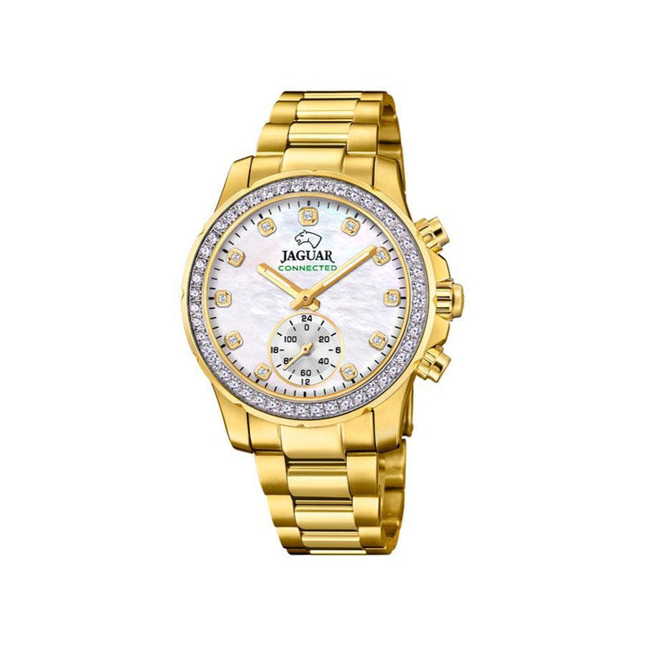 Jaguar Connected Women's watch with gold-colored steel strap, white mother-of-pearl dial and stones, Model J9831-j9831-1.