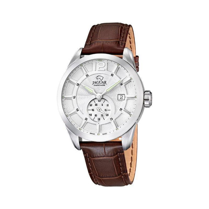 Jaguar Men's Watch Acamar J6631 with silver dial, date and brown leather strap. Model J6631-1.