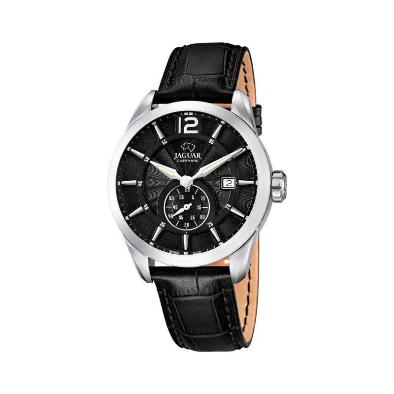 Jaguar Men's watch Acamar J6634 with black dial, silver case and black leather strap. Model J6634-1