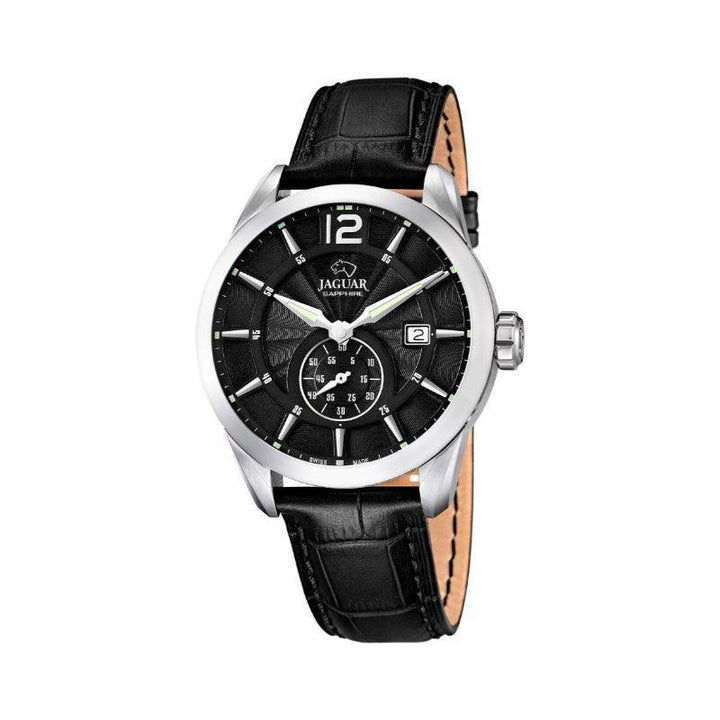 Jaguar Men's watch Acamar J6634 with black dial, silver case and black leather strap. Model J6634-1