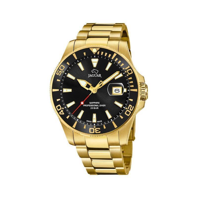 Jaguar Men's Watch Executive Diver with black dial, golden steel chain and date display. Model J8773-J8773-1