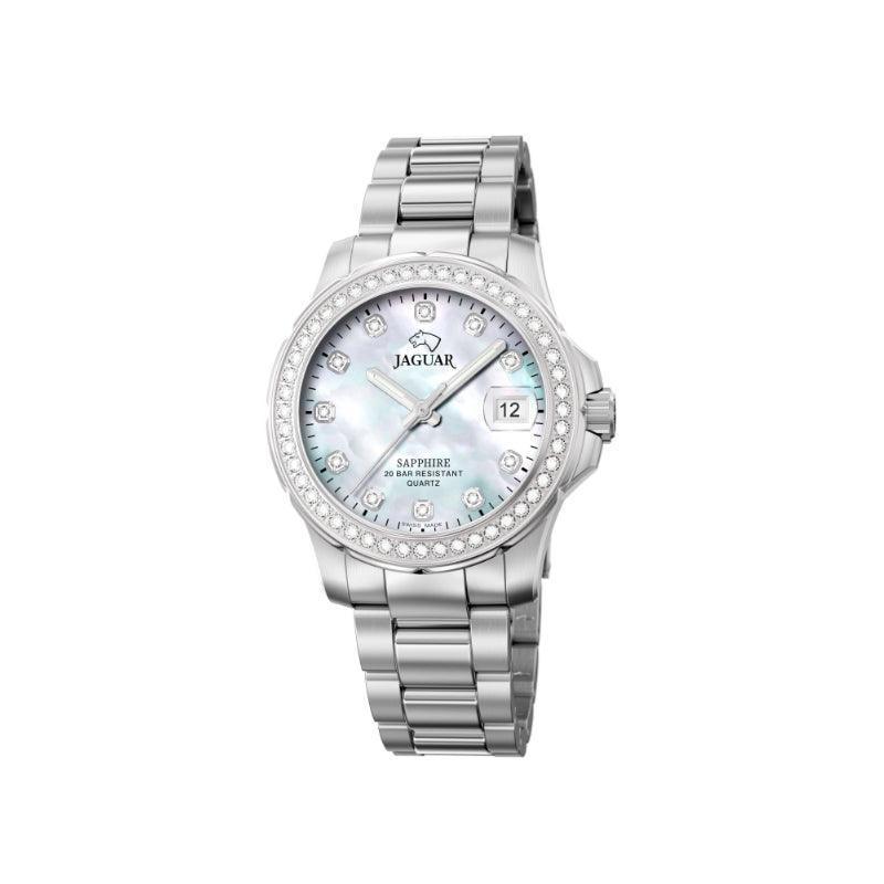 Jaguar Lady's Diver J8921 shows a silver wristwatch with mother-of-pearl dial and stone indexes. Model J8921-1