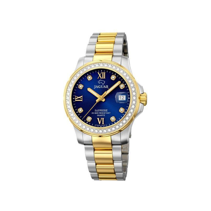 Jaguar Lady's Diver J8932 shows elegant ladies watch with blue dial, gold and steel strap and Model J8932-1.