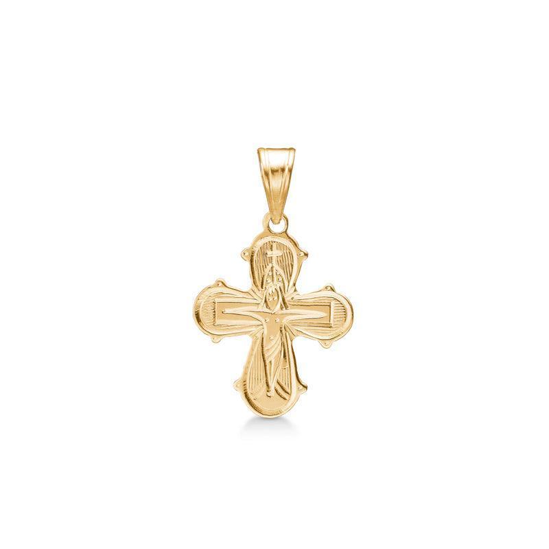 Mads Z 14 kt daymark cross pendant shows a polished cross in yellow gold with an engraved motif. Model 8530537