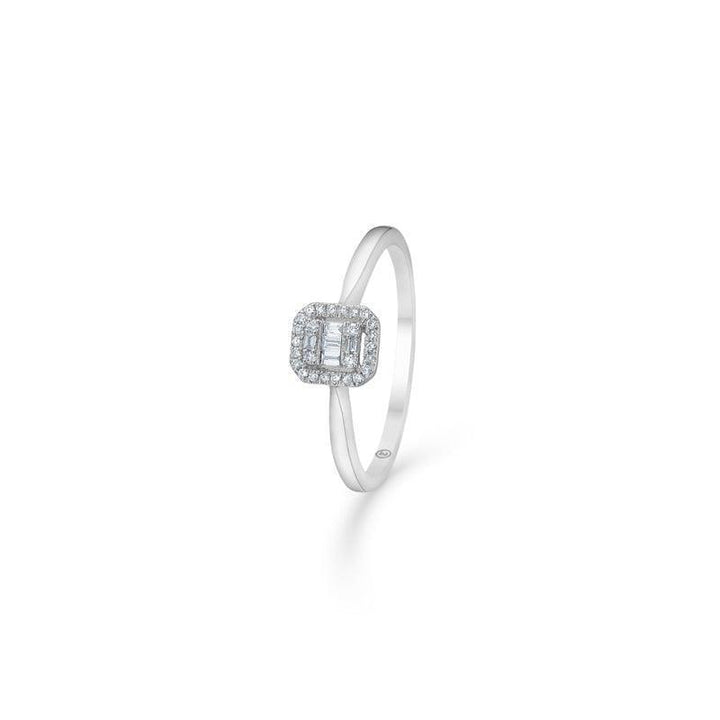 Mads Z 14 kt Elizabeth Diamond ring 0.09 ct white gold shows an elegant white gold ring with a square diamond setting. Model 1641030-001.