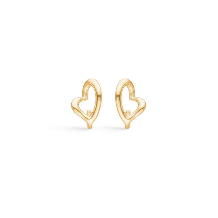 Mads Z 14 kt. Melt My Heart Studs shows a pair of open heart shaped studs in shiny gold. Model1510106-1510106