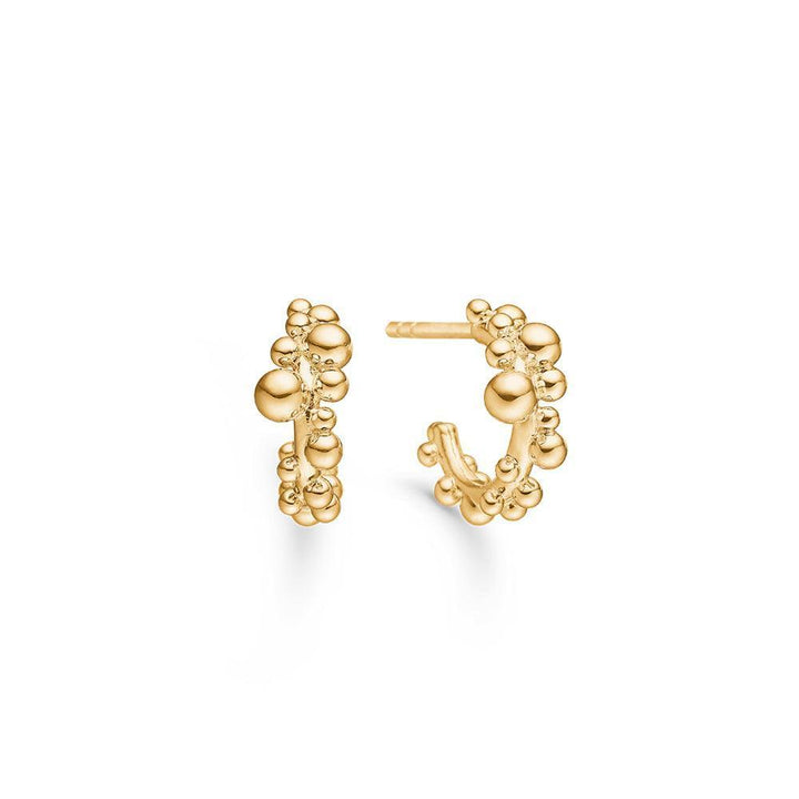 Mads Z 14kt Bubbles Hoop earrings with bubble design in bright yellow gold, shown as a set. Model 1510066