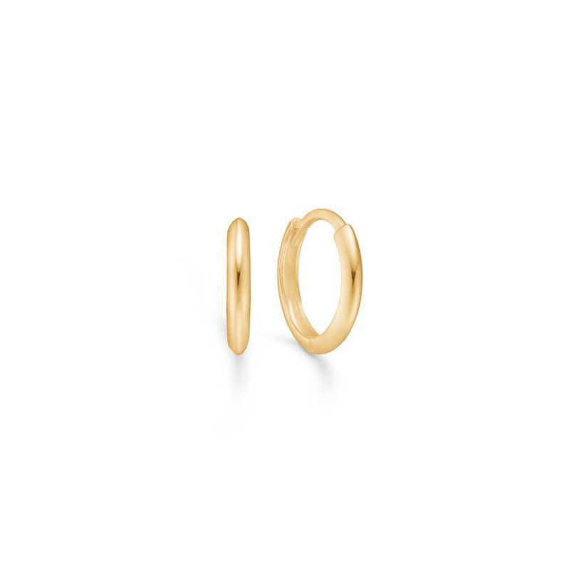 mads z 14kt creole in 14mm, shiny round creole in yellow gold shown from the front and from the side. Model 8510525-1