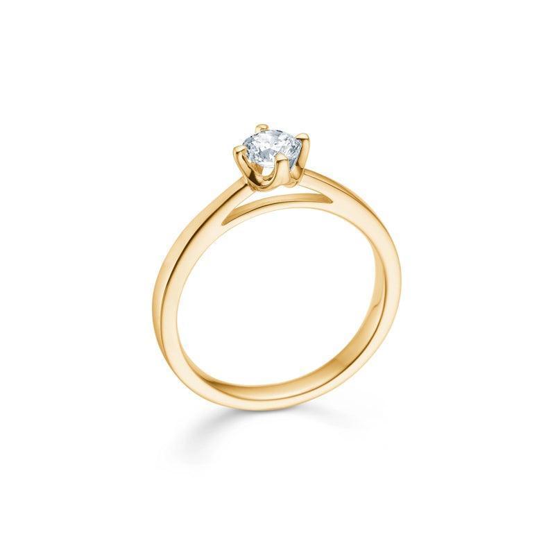 Mads Z 14 kt Crown Diamond Ring 0.34 ct shown in profile with single, round brilliant in gold ring. Model 1541634-001-1