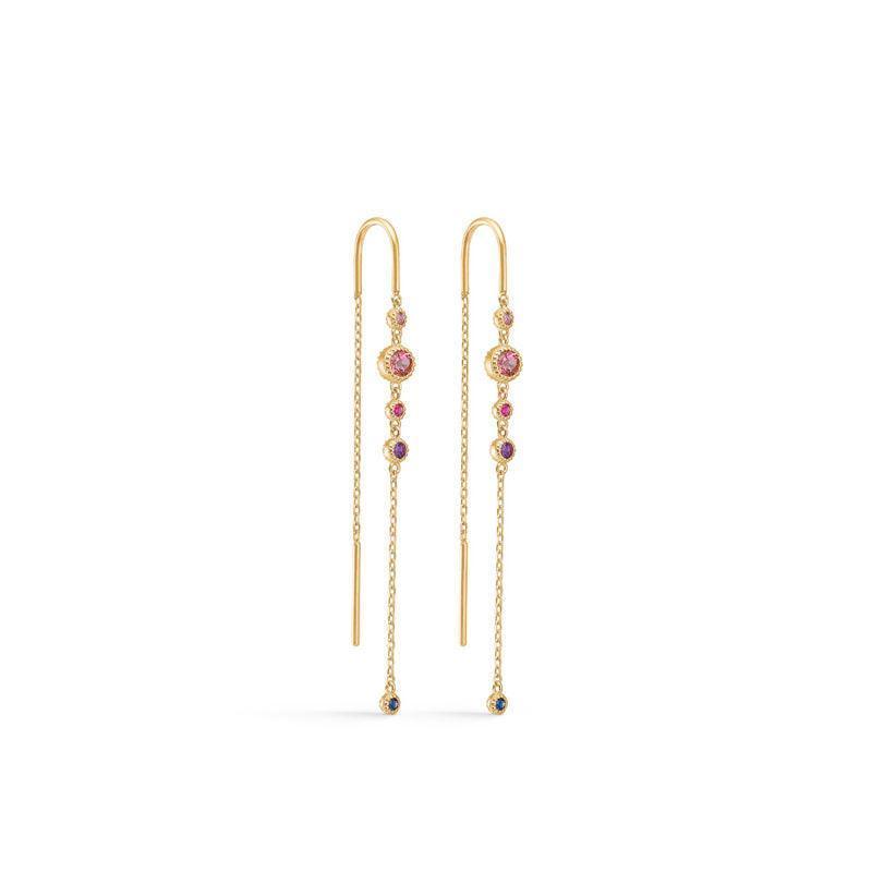 Mads Z 14kt Luxury Rainbow Earrings showcase elegant long chain earrings in gold with colored stones. Model 1504062-1