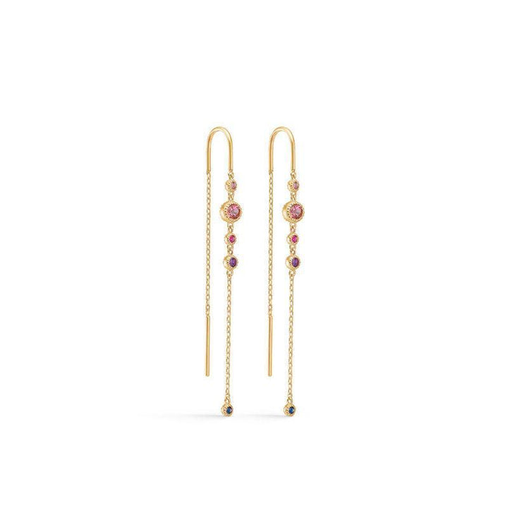 Mads Z 14kt Luxury Rainbow Earrings showcase elegant long chain earrings in gold with colored stones. Model 1504062-1