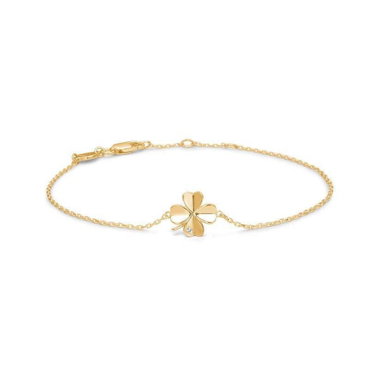 Mads Z 8 kt Clover Bracelet gold four-leaf clover on fine chain, four-leaf clover pendant with small stone. Model 3357102-1