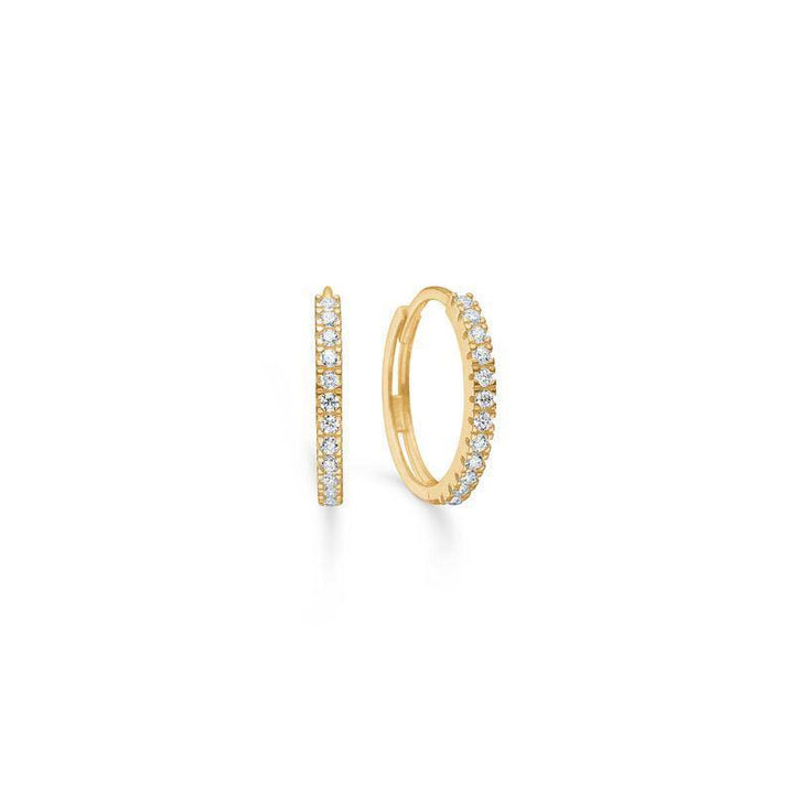 Mads Z 8 kt Sparkle Creole shows a set of small gold colored creoles with sparkling clear stones. Model 3317166-3317166-1