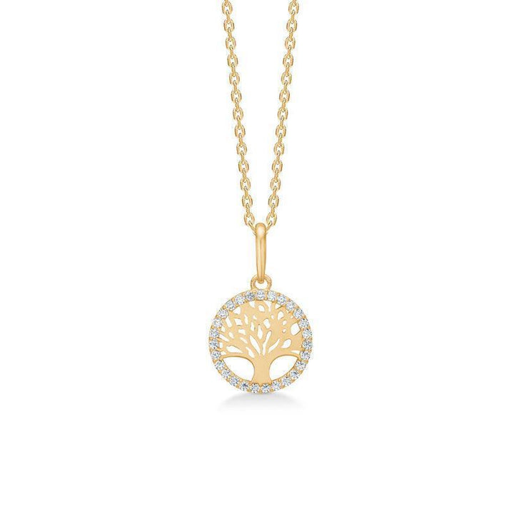 Mads Z 8kt Tree of Life pendant in gold-colored metal with tree motif and small clear stones, Model 3337110-1.