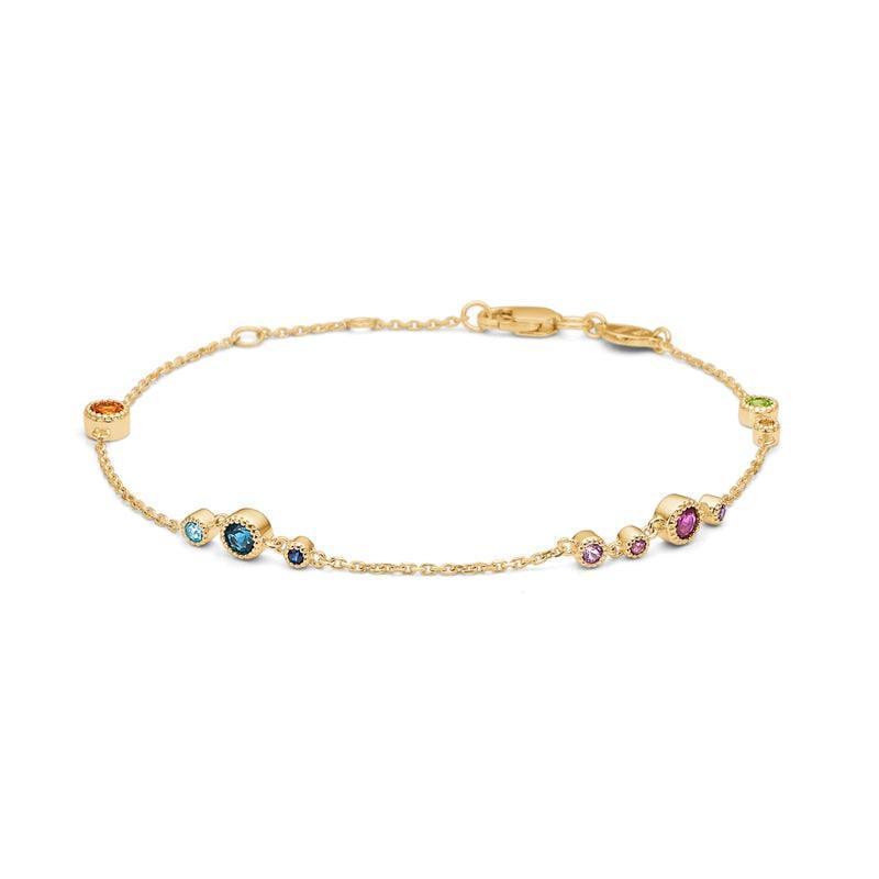 Mads Z Luxury Rainbow Bracelet with fine colored stones in gold on a white background. Model 1554062-1.