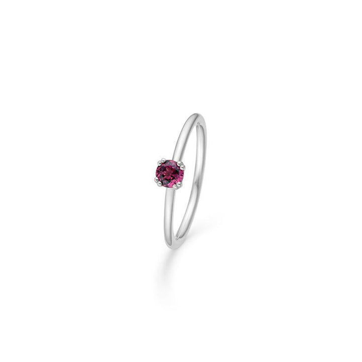 Mads Z Poetry Solitaire Silver Ring Garnet with slim ring rail and round red garnet stone. Model 2146052-001.