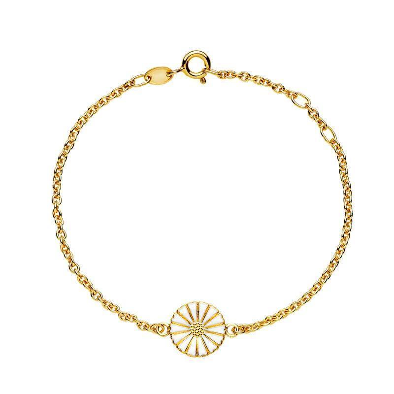 Daisy gold-plated bracelet with fine daisy flower in white and gold, detail view. Model 9015030-M