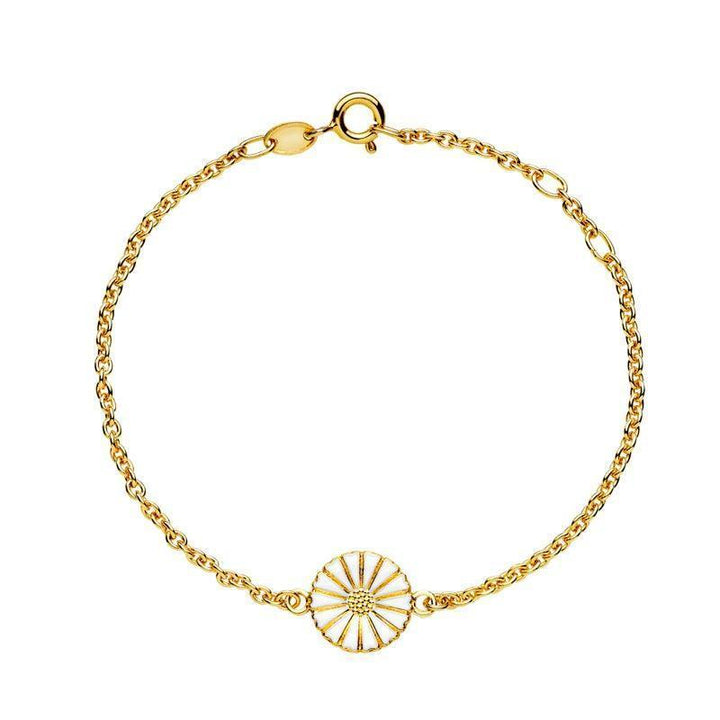 Daisy gold-plated bracelet with fine daisy flower in white and gold, detail view. Model 9015030-M