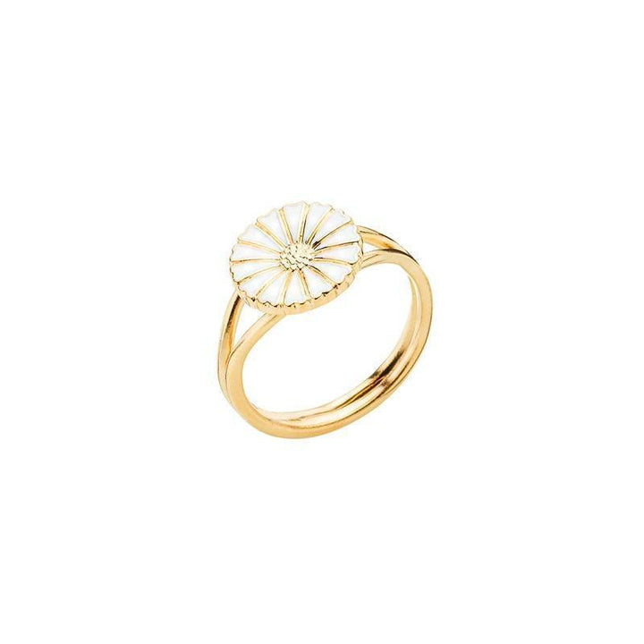 Daisy Gilded Gold Ring 11mm with white enamel daisy motif, elegant design. Model 907011-M-001.