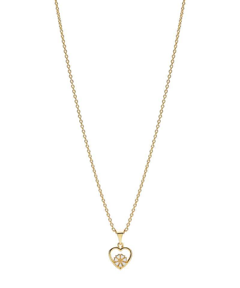 Marguerit Gilded Heart Necklace with heart pendant and daisy flower in gold-colored look. Model 902249-M