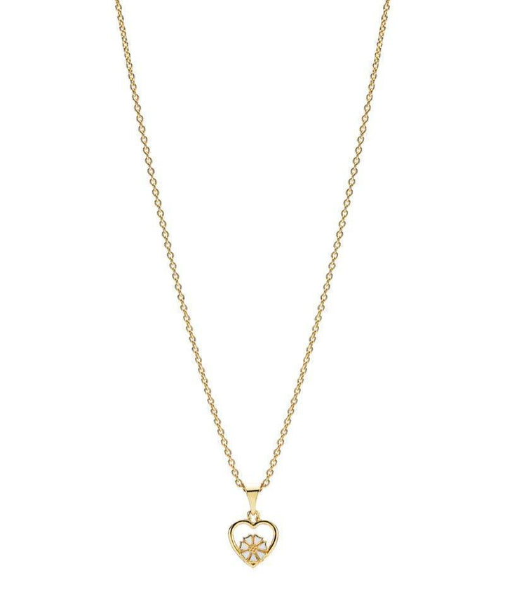 Marguerit Gilded Heart Necklace with heart pendant and daisy flower in gold-colored look. Model 902249-M